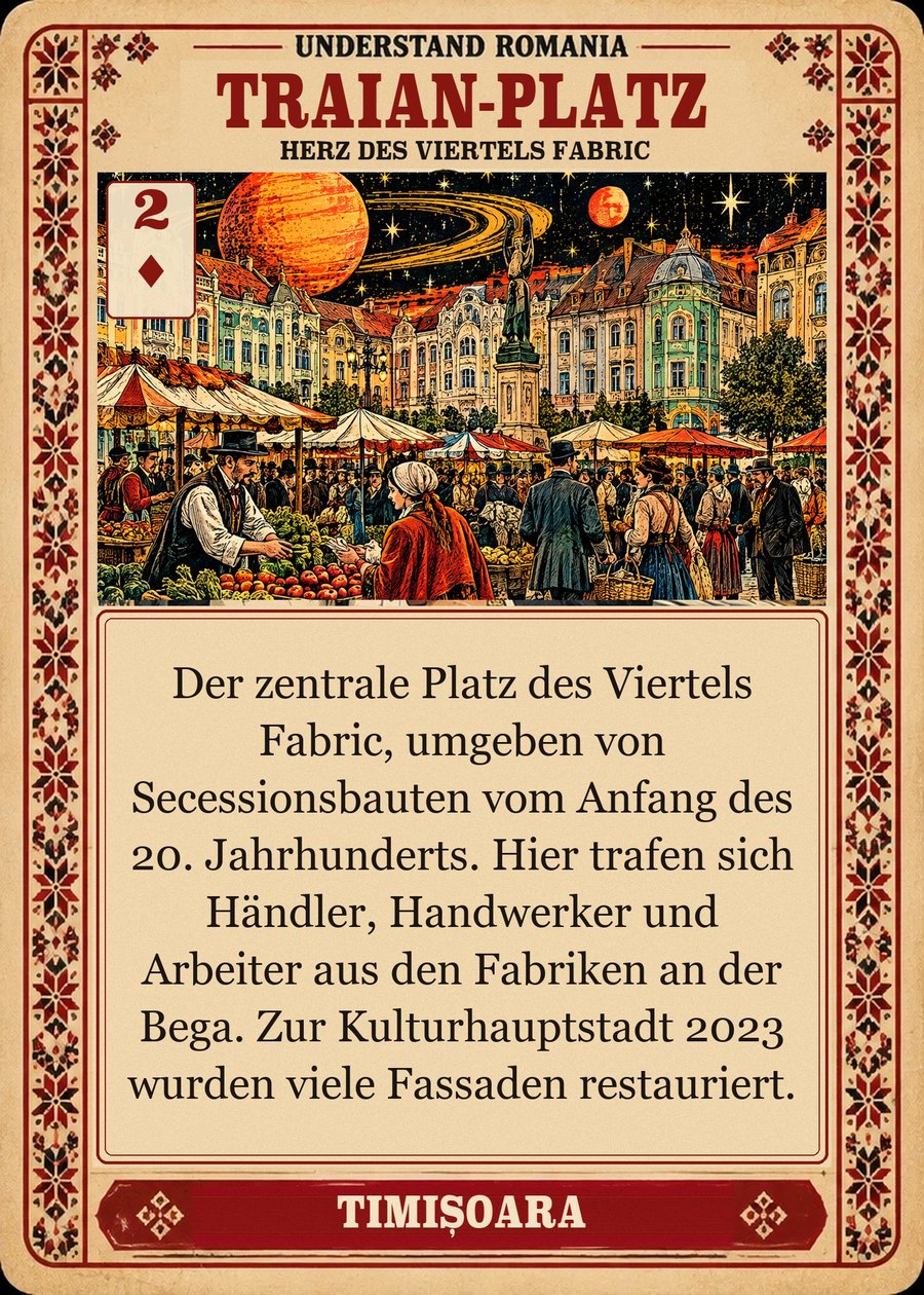 TRAIAN-PLATZ — Herz des Viertels Fabric. Der zentrale Platz des Viertels Fabric, umgeben von Secessionsbauten vom Anfang des 20. Jahrhunderts. Hier trafen sich Händler, Handwerker und Arbeiter aus den Fabriken an der Bega. Zur Kulturhauptstadt 2023 wurden viele Fassaden restauriert.
