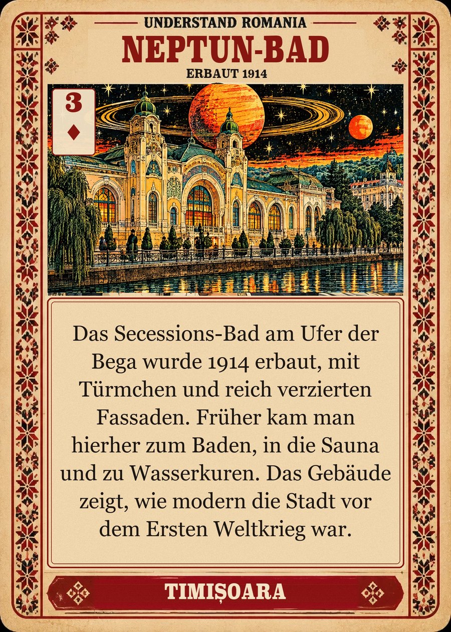 NEPTUN-BAD — erbaut 1914. Das Secessions-Bad am Ufer der Bega wurde 1914 erbaut, mit Türmchen und reich verzierten Fassaden. Früher kam man hierher zum Baden, in die Sauna und zu Wasserkuren. Das Gebäude zeigt, wie modern die Stadt vor dem Ersten Weltkrieg war.