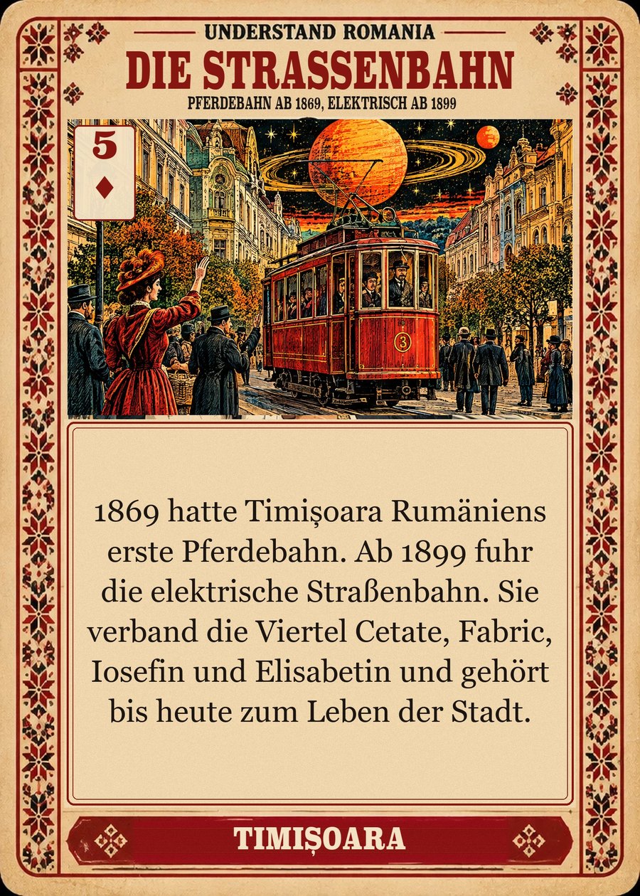 DIE STRASSENBAHN — Pferdebahn ab 1869, elektrisch ab 1899. 1869 hatte Timișoara Rumäniens erste Pferdebahn. Ab 1899 fuhr die elektrische Straßenbahn. Sie verband die Viertel Cetate, Fabric, Iosefin und Elisabetin und gehört bis heute zum Leben der Stadt.