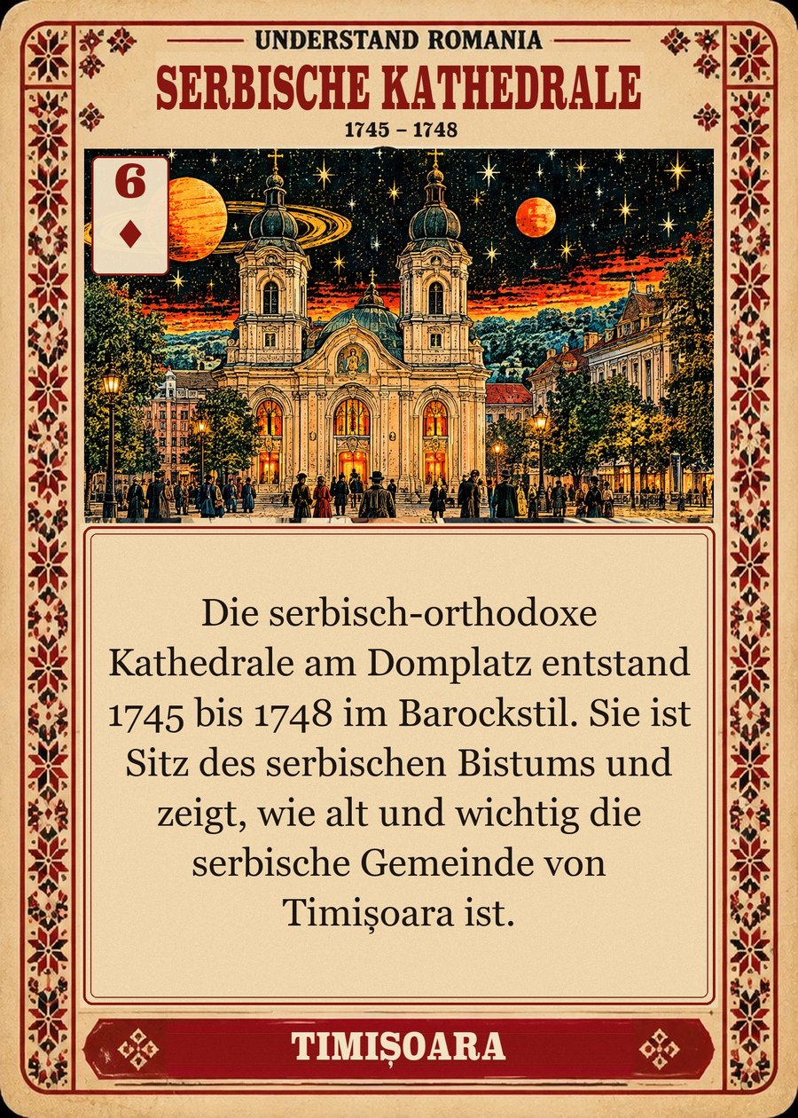 SERBISCHE KATHEDRALE — 1745 – 1748. Die serbisch-orthodoxe Kathedrale am Domplatz entstand 1745 bis 1748 im Barockstil. Sie ist Sitz des serbischen Bistums und zeigt, wie alt und wichtig die serbische Gemeinde von Timișoara ist.