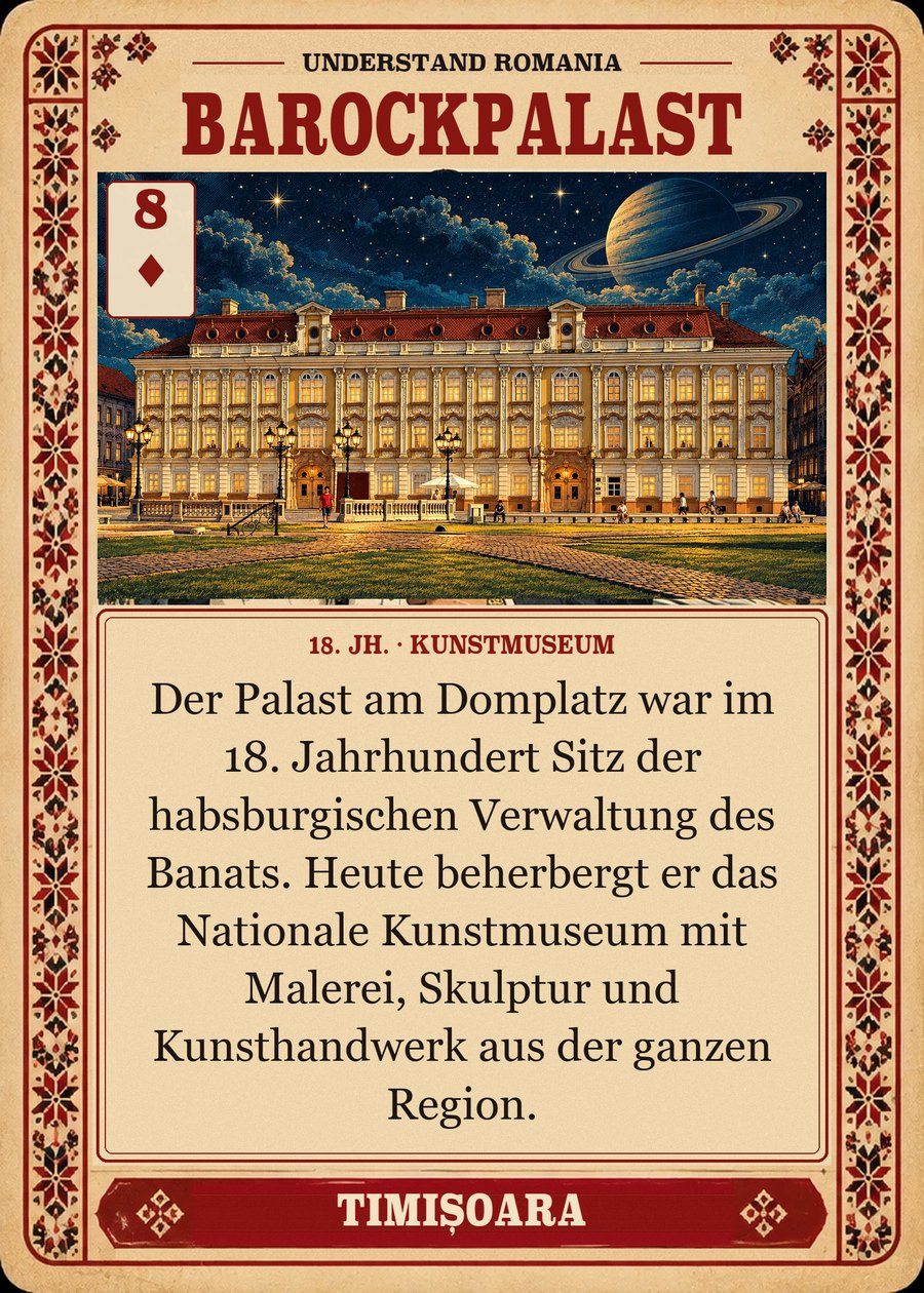 BAROCKPALAST — 18. Jh. · Kunstmuseum. Der Palast am Domplatz war im 18. Jahrhundert Sitz der habsburgischen Verwaltung des Banats. Heute beherbergt er das Nationale Kunstmuseum mit Malerei, Skulptur und Kunsthandwerk aus der ganzen Region.