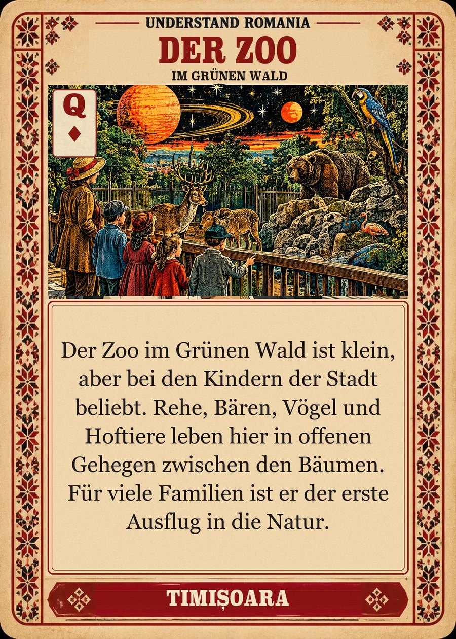 DER ZOO — im Grünen Wald. Der Zoo im Grünen Wald ist klein, aber bei den Kindern der Stadt beliebt. Rehe, Bären, Vögel und Hoftiere leben hier in offenen Gehegen zwischen den Bäumen. Für viele Familien ist er der erste Ausflug in die Natur.