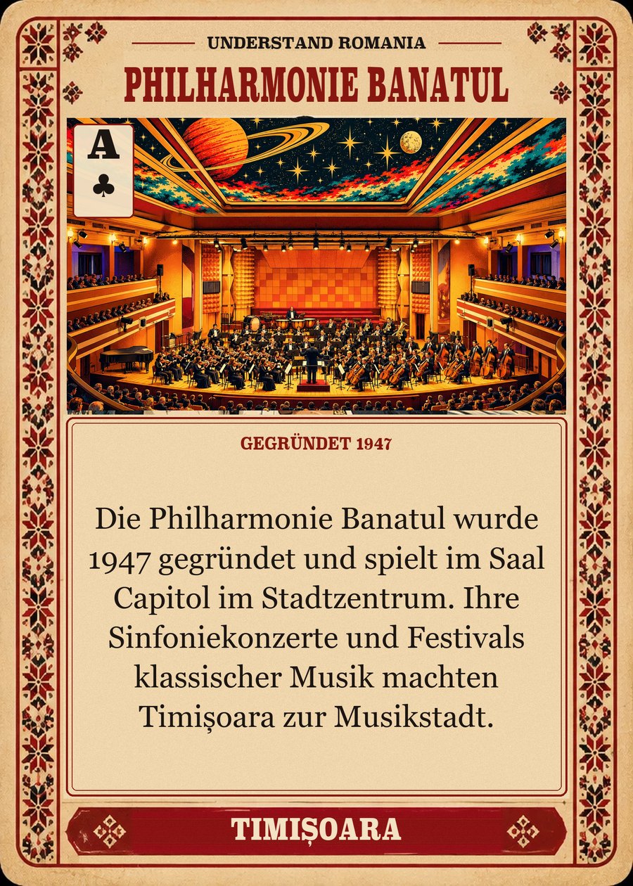 PHILHARMONIE BANATUL — gegründet 1947. Die Philharmonie Banatul wurde 1947 gegründet und spielt im Saal Capitol im Stadtzentrum. Ihre Sinfoniekonzerte und Festivals klassischer Musik machten Timișoara zur Musikstadt.