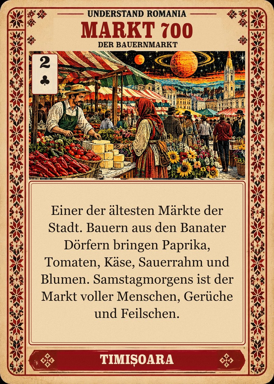 MARKT 700 — der Bauernmarkt. Einer der ältesten Märkte der Stadt. Bauern aus den Banater Dörfern bringen Paprika, Tomaten, Käse, Sauerrahm und Blumen. Samstagmorgens ist der Markt voller Menschen, Gerüche und Feilschen.
