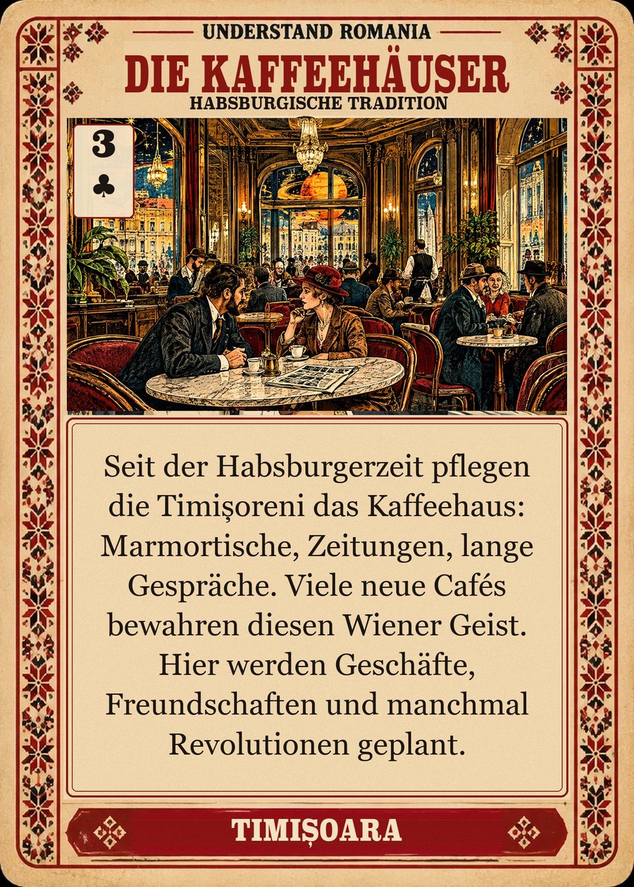 DIE KAFFEEHÄUSER — habsburgische Tradition. Seit der Habsburgerzeit pflegen die Timișoreni das Kaffeehaus: Marmortische, Zeitungen, lange Gespräche. Viele neue Cafés bewahren diesen Wiener Geist. Hier werden Geschäfte, Freundschaften und manchmal Revolutionen geplant.