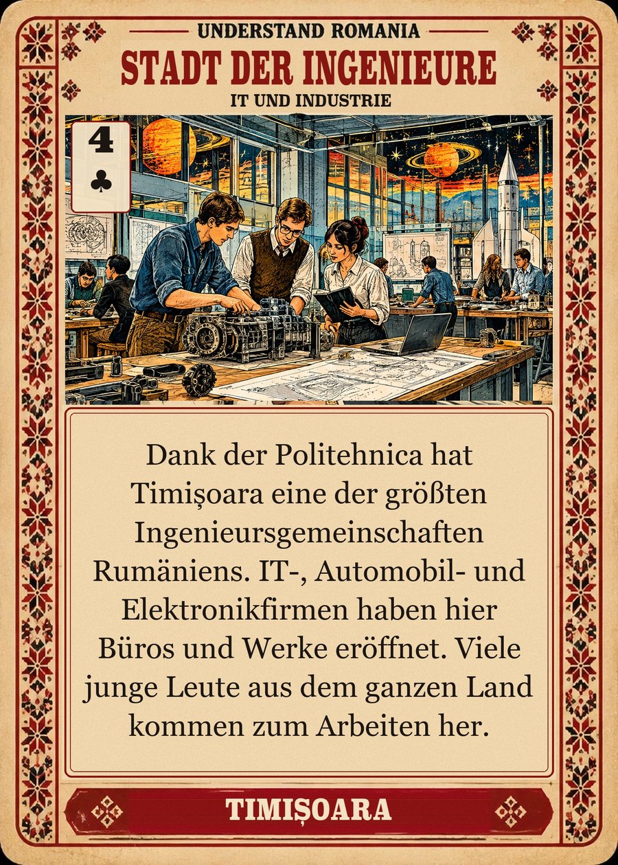STADT DER INGENIEURE — IT und Industrie. Dank der Politehnica hat Timișoara eine der größten Ingenieursgemeinschaften Rumäniens. IT-, Automobil- und Elektronikfirmen haben hier Büros und Werke eröffnet. Viele junge Leute aus dem ganzen Land kommen zum Arbeiten her.