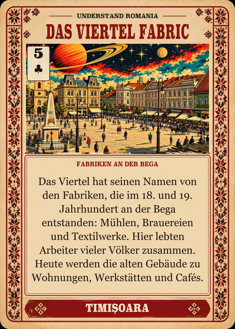DAS VIERTEL FABRIC — Fabriken an der Bega. Das Viertel hat seinen Namen von den Fabriken, die im 18. und 19. Jahrhundert an der Bega entstanden: Mühlen, Brauereien und Textilwerke. Hier lebten Arbeiter vieler Völker zusammen. Heute werden die alten Gebäude zu Wohnungen, Werkstätten und Cafés.