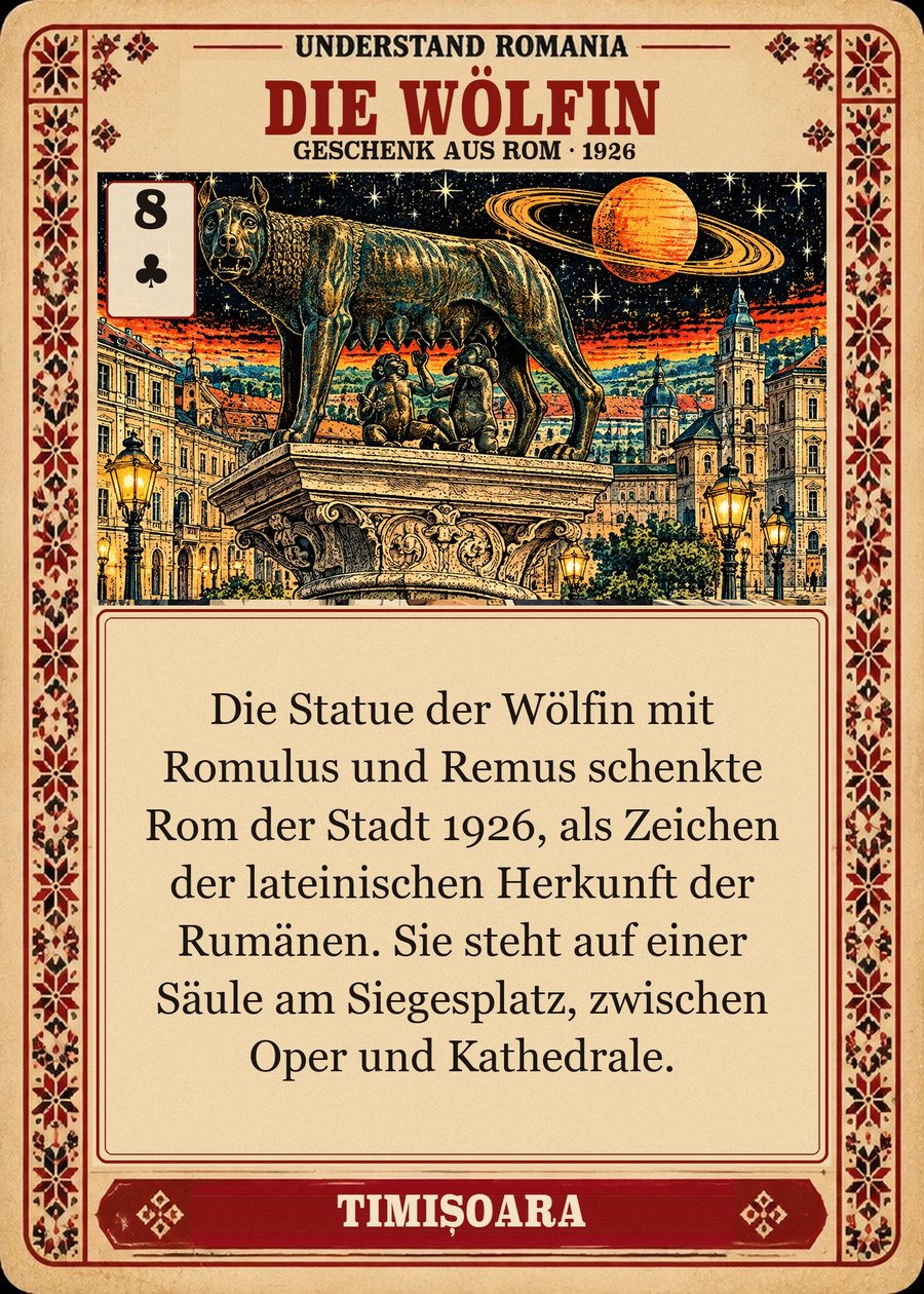 DIE WÖLFIN — Geschenk aus Rom · 1926. Die Statue der Wölfin mit Romulus und Remus schenkte Rom der Stadt 1926, als Zeichen der lateinischen Herkunft der Rumänen. Sie steht auf einer Säule am Siegesplatz, zwischen Oper und Kathedrale.