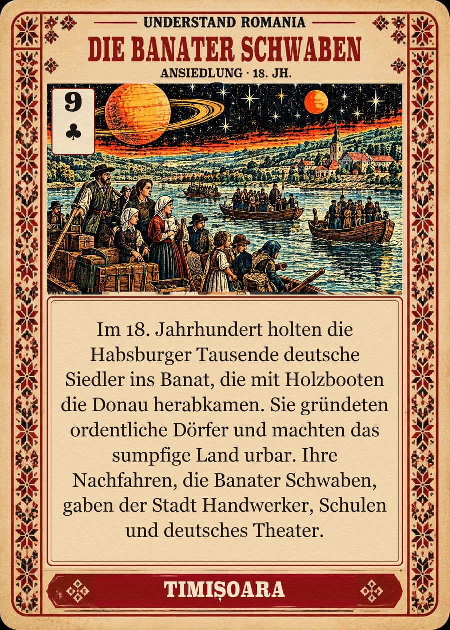 DIE BANATER SCHWABEN — Ansiedlung · 18. Jh.. Im 18. Jahrhundert holten die Habsburger Tausende deutsche Siedler ins Banat, die mit Holzbooten die Donau herabkamen. Sie gründeten ordentliche Dörfer und machten das sumpfige Land urbar. Ihre Nachfahren, die Banater Schwaben, gaben der Stadt Handwerker, Schulen und deutsches Theater.