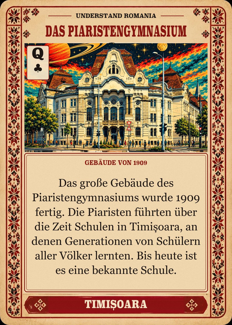 DAS PIARISTENGYMNASIUM — Gebäude von 1909. Das große Gebäude des Piaristengymnasiums wurde 1909 fertig. Die Piaristen führten über die Zeit Schulen in Timișoara, an denen Generationen von Schülern aller Völker lernten. Bis heute ist es eine bekannte Schule.