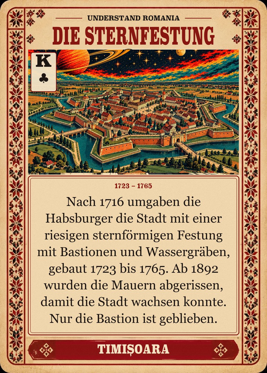 DIE STERNFESTUNG — 1723 – 1765. Nach 1716 umgaben die Habsburger die Stadt mit einer riesigen sternförmigen Festung mit Bastionen und Wassergräben, gebaut 1723 bis 1765. Ab 1892 wurden die Mauern abgerissen, damit die Stadt wachsen konnte. Nur die Bastion ist geblieben.