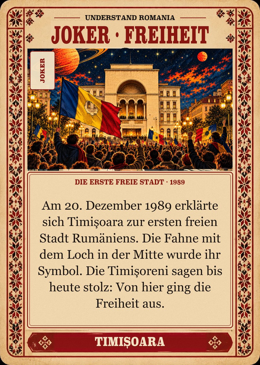 JOKER · FREIHEIT — die erste freie Stadt · 1989. Am 20. Dezember 1989 erklärte sich Timișoara zur ersten freien Stadt Rumäniens. Die Fahne mit dem Loch in der Mitte wurde ihr Symbol. Die Timișoreni sagen bis heute stolz: Von hier ging die Freiheit aus.