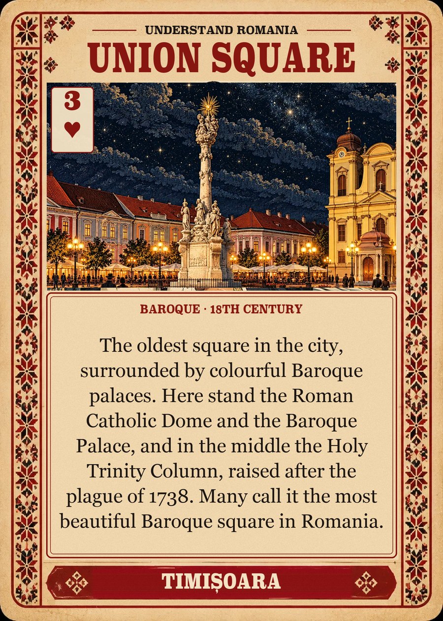 UNION SQUARE — Baroque · 18th century. The oldest square in the city, surrounded by colourful Baroque palaces. Here stand the Roman Catholic Dome and the Baroque Palace, and in the middle the Holy Trinity Column, raised after the plague of 1738. Many call it the most beautiful Baroque square in Romania.