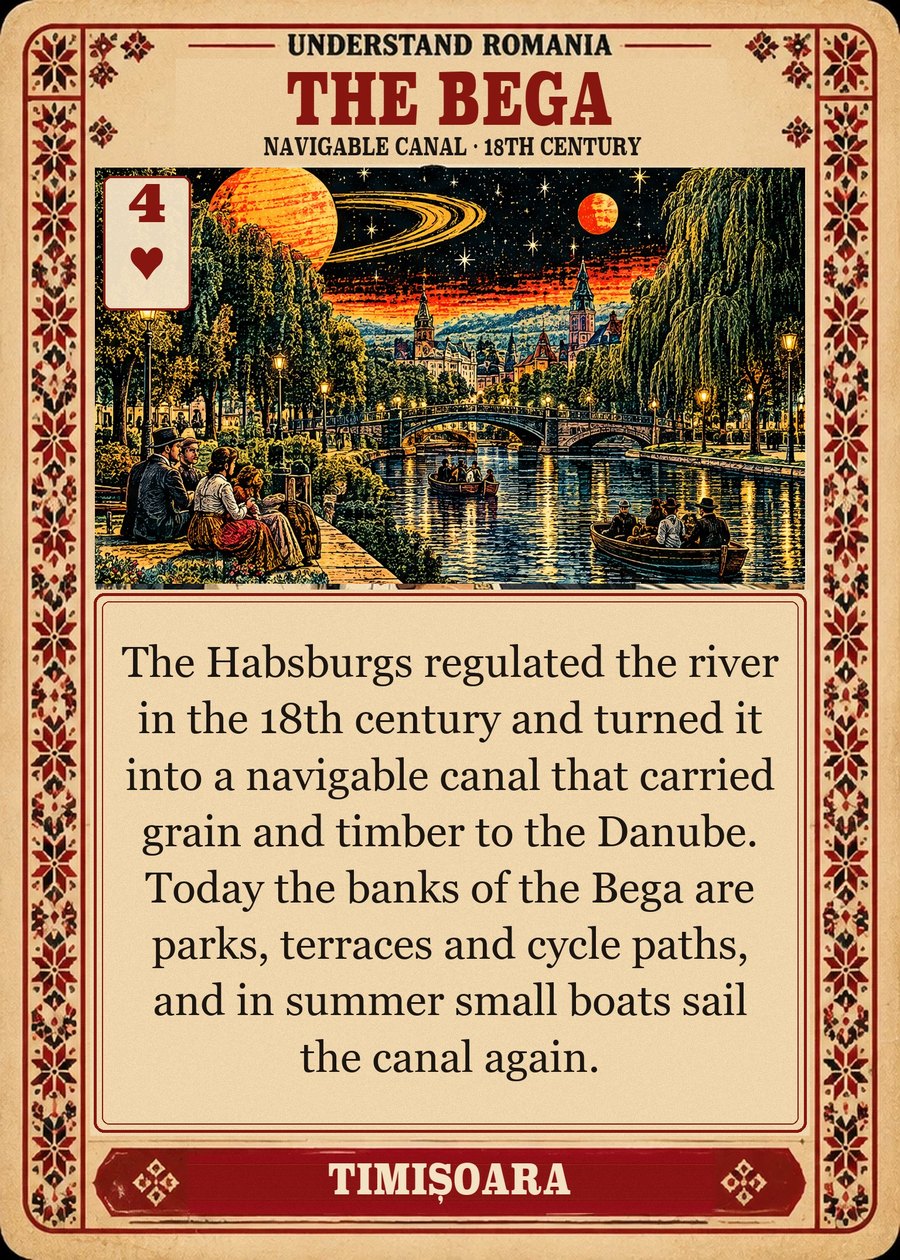 THE BEGA — navigable canal · 18th century. The Habsburgs regulated the river in the 18th century and turned it into a navigable canal that carried grain and timber to the Danube. Today the banks of the Bega are parks, terraces and cycle paths, and in summer small boats sail the canal again.