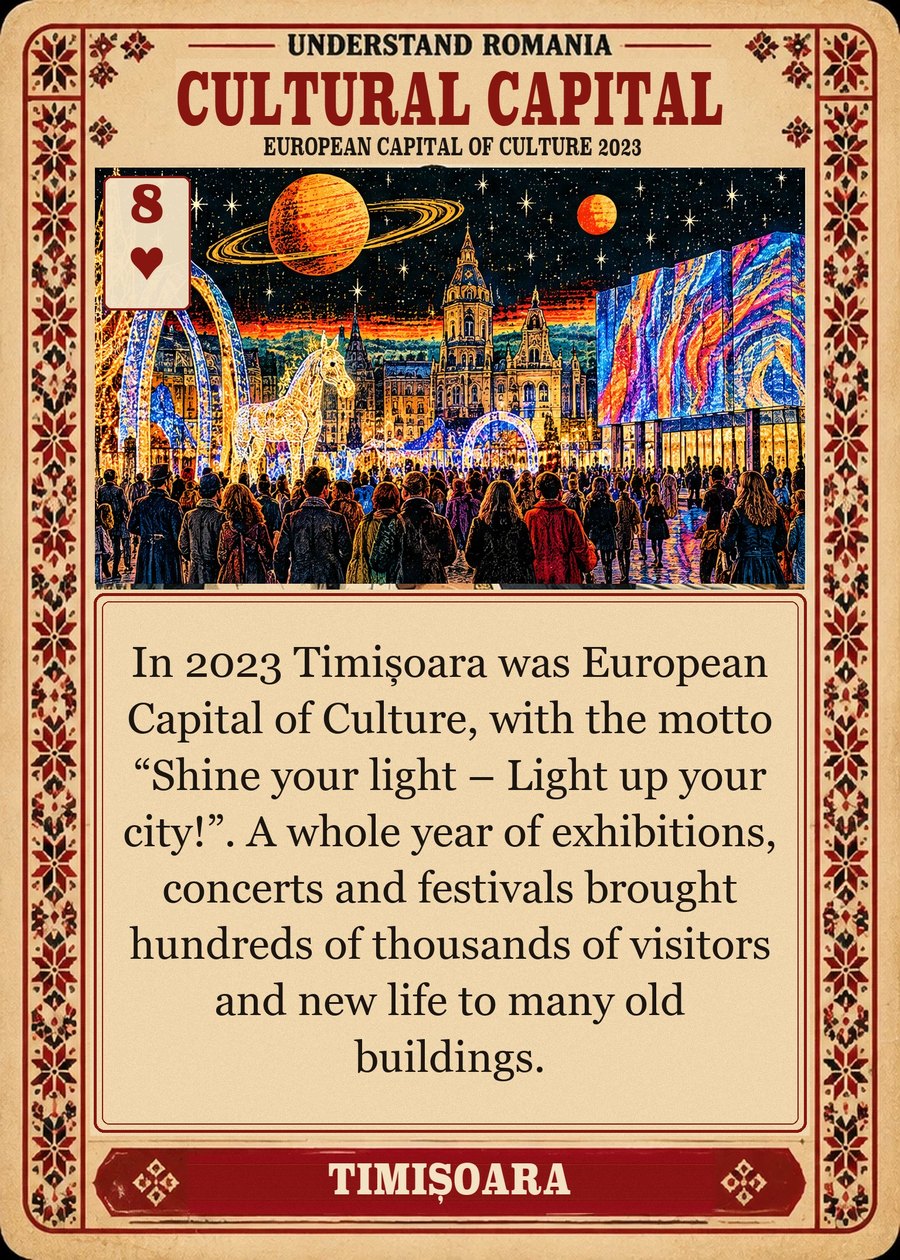 CULTURAL CAPITAL — European Capital of Culture 2023. In 2023 Timișoara was European Capital of Culture, with the motto “Shine your light – Light up your city!”. A whole year of exhibitions, concerts and festivals brought hundreds of thousands of visitors and new life to many old buildings.