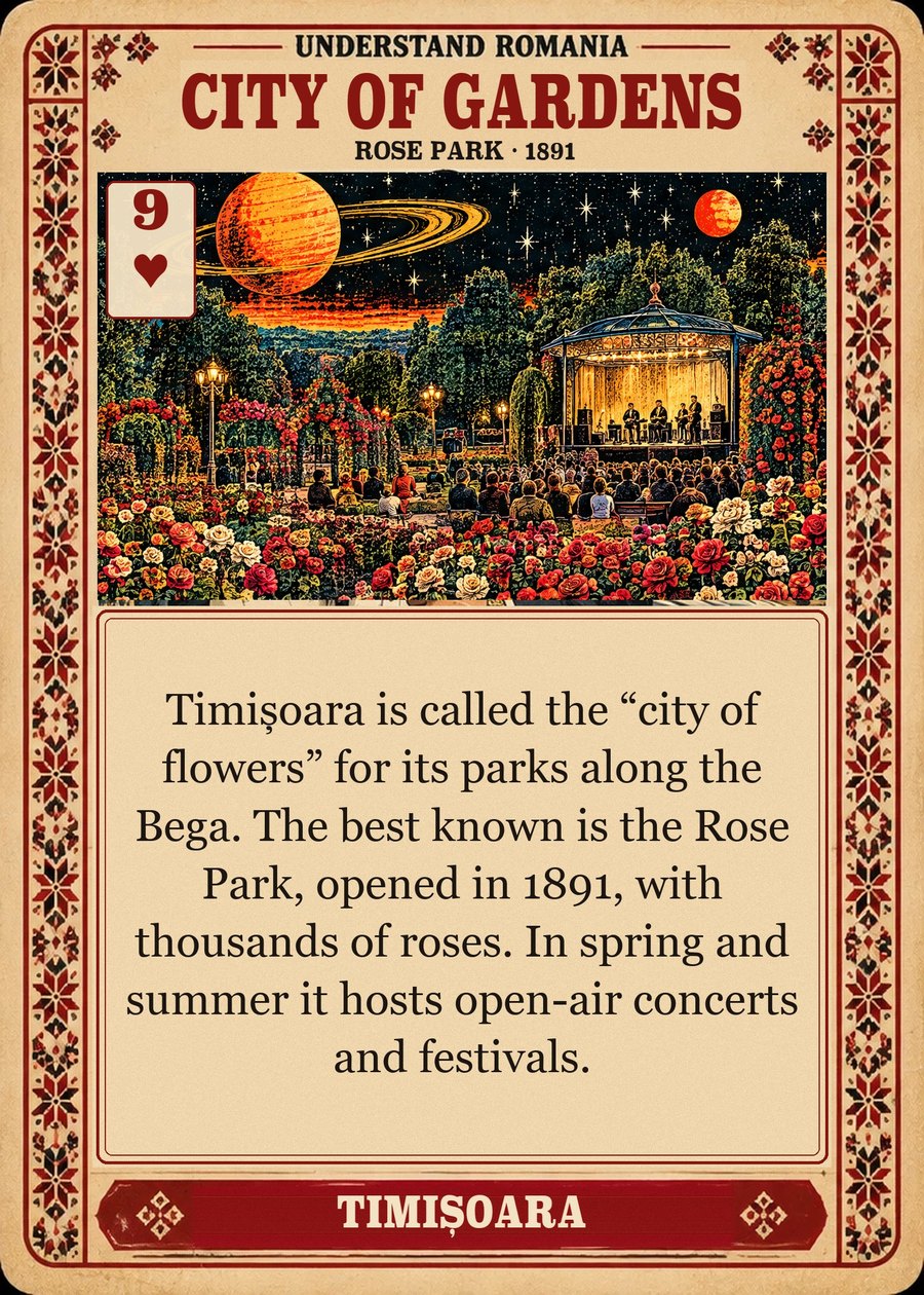CITY OF GARDENS — Rose Park · 1891. Timișoara is called the “city of flowers” for its parks along the Bega. The best known is the Rose Park, opened in 1891, with thousands of roses. In spring and summer it hosts open-air concerts and festivals.
