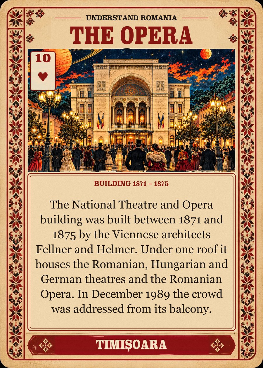 THE OPERA — building 1871 – 1875. The National Theatre and Opera building was built between 1871 and 1875 by the Viennese architects Fellner and Helmer. Under one roof it houses the Romanian, Hungarian and German theatres and the Romanian Opera. In December 1989 the crowd was addressed from its balcony.