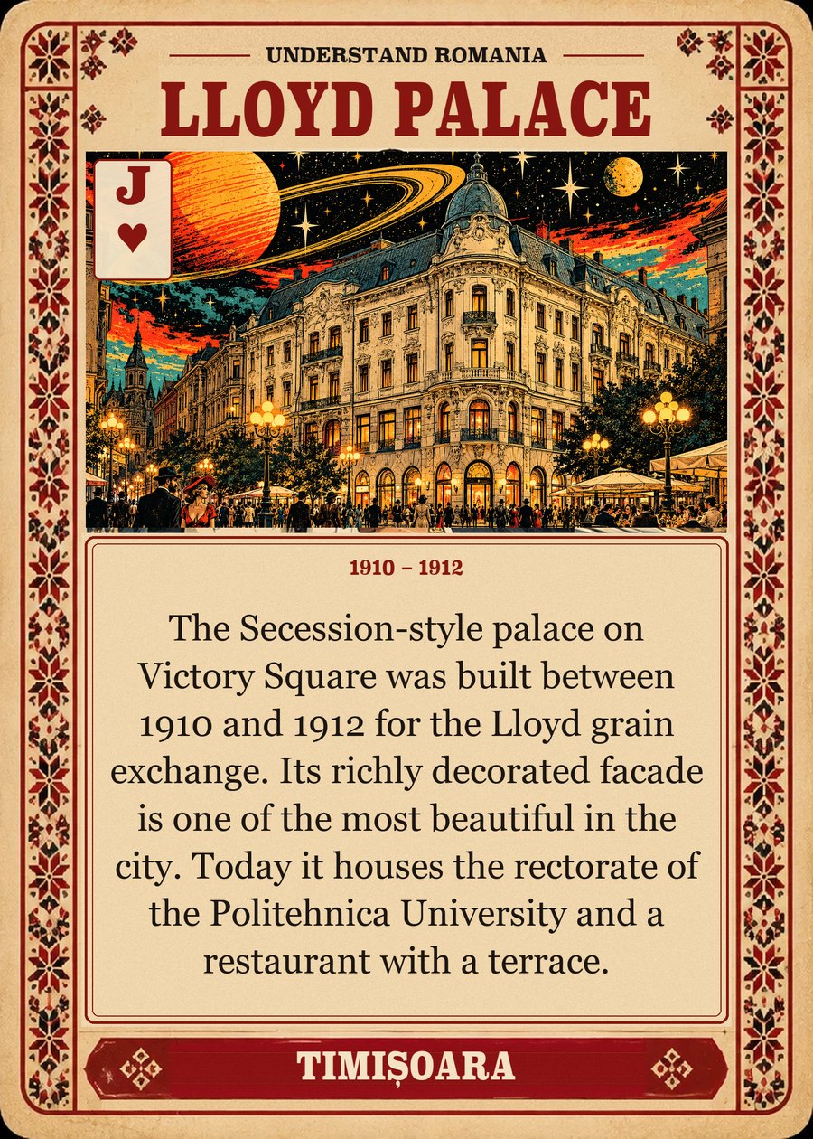 LLOYD PALACE — 1910 – 1912. The Secession-style palace on Victory Square was built between 1910 and 1912 for the Lloyd grain exchange. Its richly decorated facade is one of the most beautiful in the city. Today it houses the rectorate of the Politehnica University and a restaurant with a terrace.
