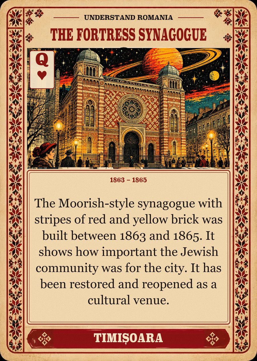 THE FORTRESS SYNAGOGUE — 1863 – 1865. The Moorish-style synagogue with stripes of red and yellow brick was built between 1863 and 1865. It shows how important the Jewish community was for the city. It has been restored and reopened as a cultural venue.