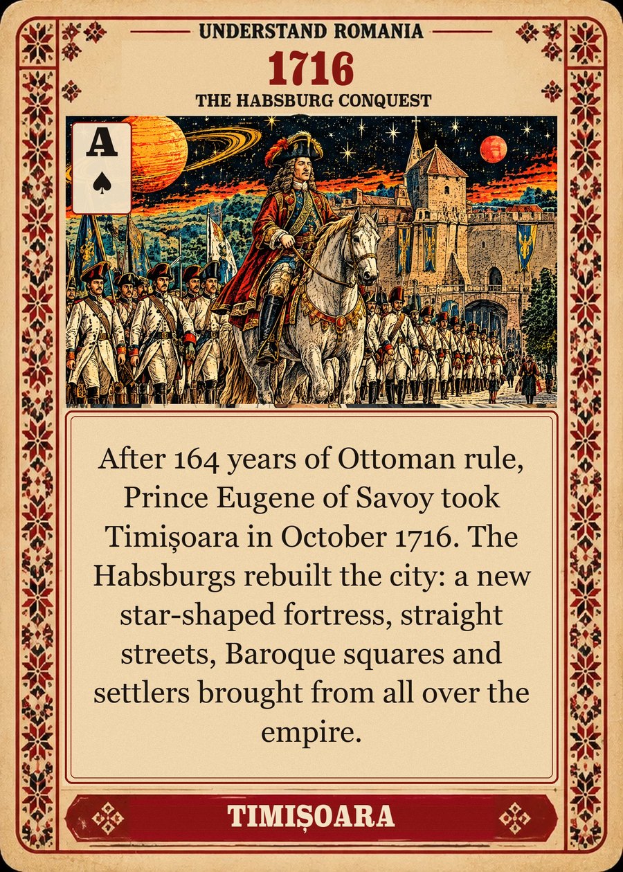 1716 — the Habsburg conquest. After 164 years of Ottoman rule, Prince Eugene of Savoy took Timișoara in October 1716. The Habsburgs rebuilt the city: a new star-shaped fortress, straight streets, Baroque squares and settlers brought from all over the empire.