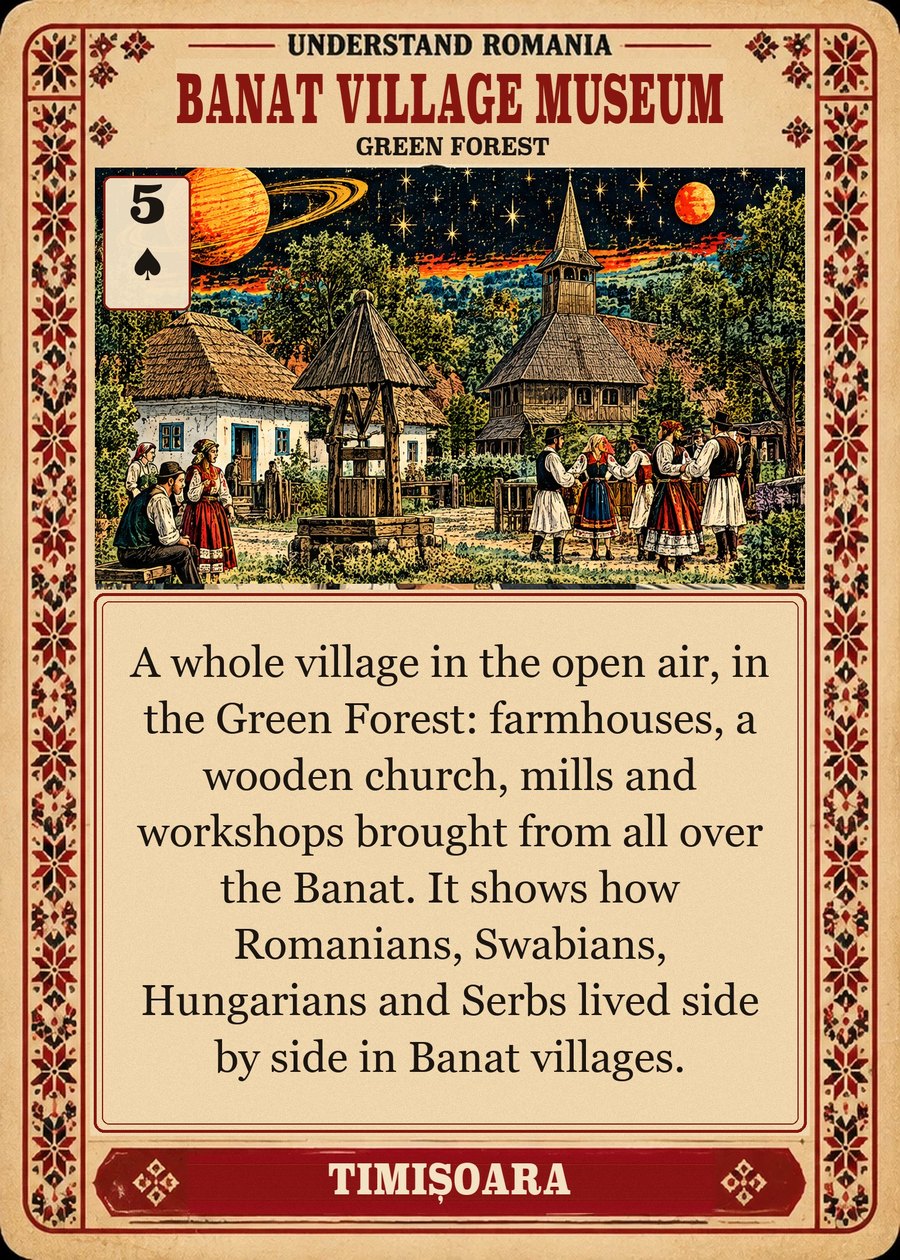 BANAT VILLAGE MUSEUM — Green Forest. A whole village in the open air, in the Green Forest: farmhouses, a wooden church, mills and workshops brought from all over the Banat. It shows how Romanians, Swabians, Hungarians and Serbs lived side by side in Banat villages.
