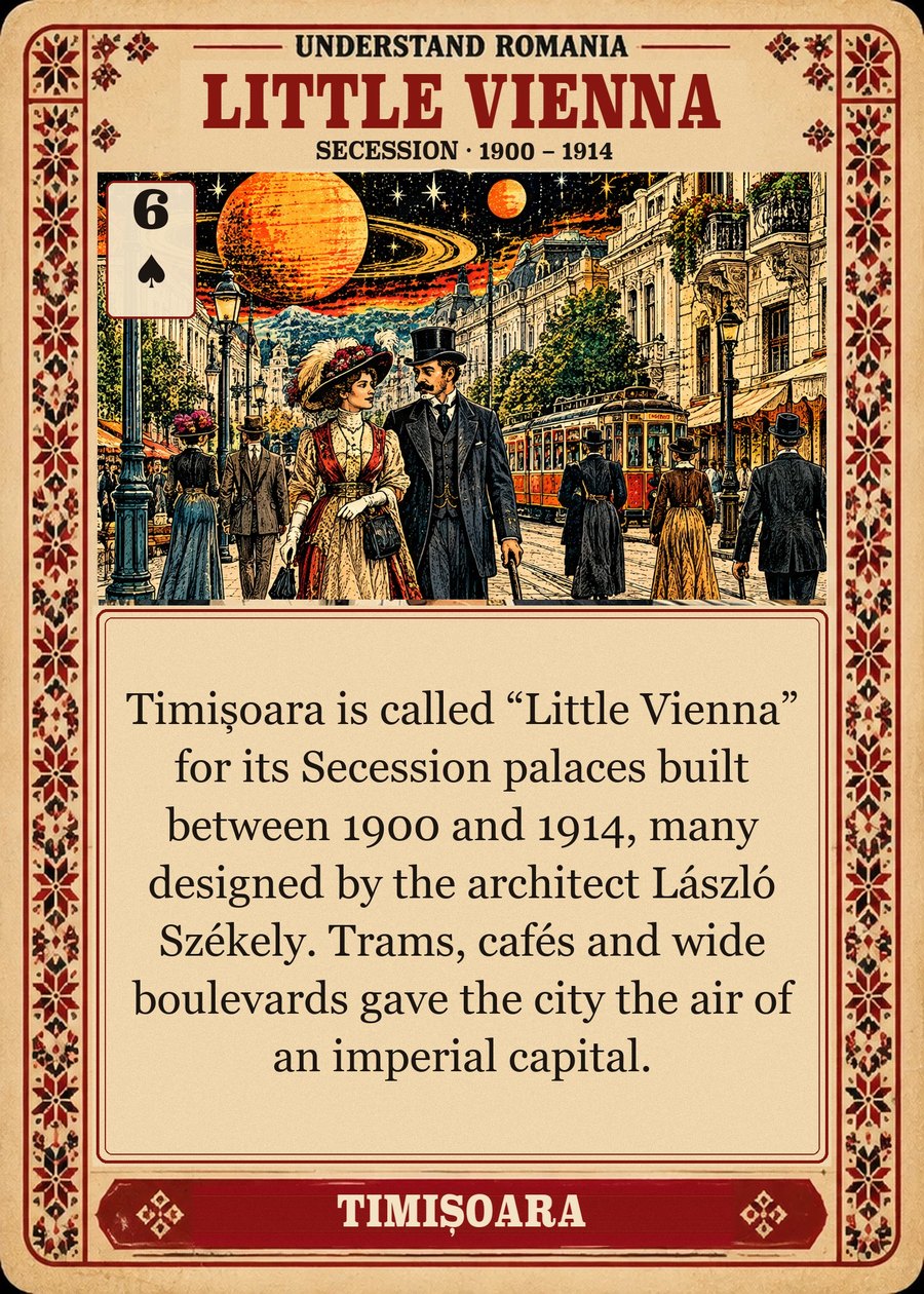 LITTLE VIENNA — Secession · 1900 – 1914. Timișoara is called “Little Vienna” for its Secession palaces built between 1900 and 1914, many designed by the architect László Székely. Trams, cafés and wide boulevards gave the city the air of an imperial capital.