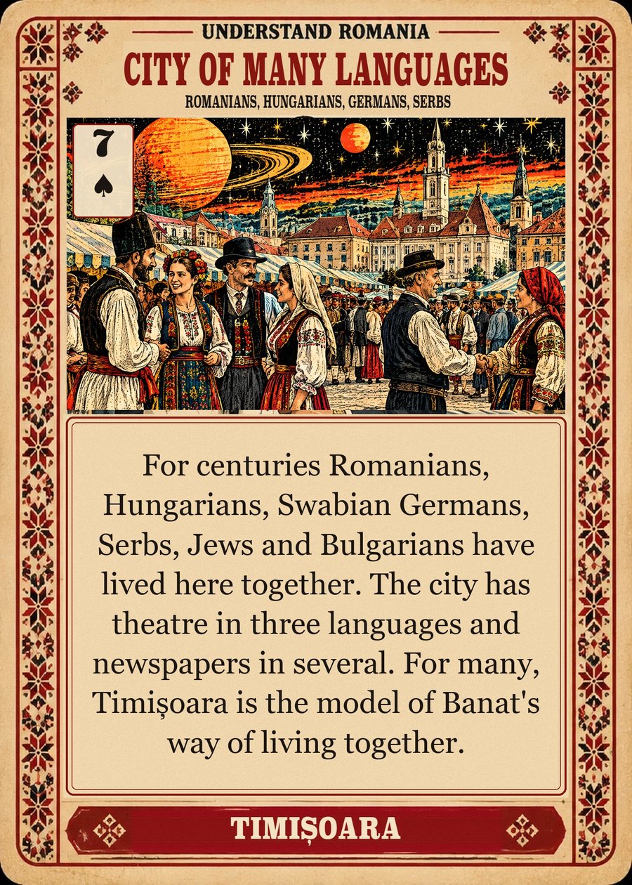 CITY OF MANY LANGUAGES — Romanians, Hungarians, Germans, Serbs. For centuries Romanians, Hungarians, Swabian Germans, Serbs, Jews and Bulgarians have lived here together. The city has theatre in three languages and newspapers in several. For many, Timișoara is the model of Banat's way of living together.