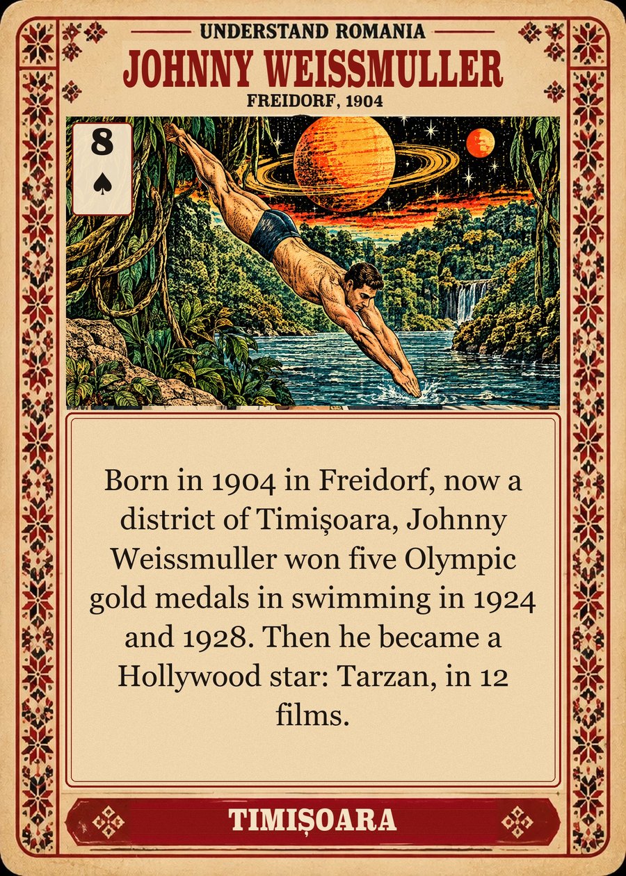 JOHNNY WEISSMULLER — Freidorf, 1904. Born in 1904 in Freidorf, now a district of Timișoara, Johnny Weissmuller won five Olympic gold medals in swimming in 1924 and 1928. Then he became a Hollywood star: Tarzan, in 12 films.