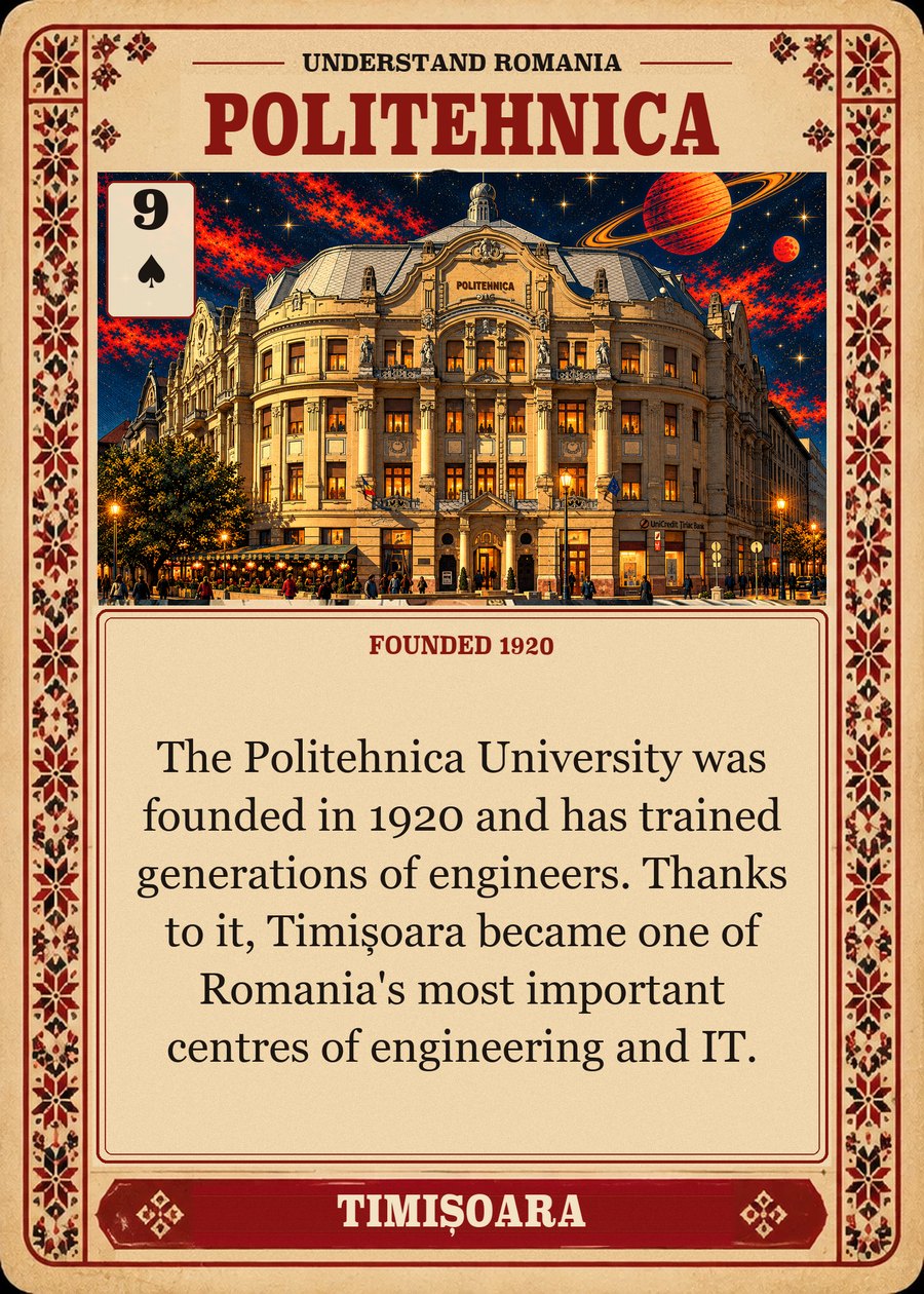 POLITEHNICA — founded 1920. The Politehnica University was founded in 1920 and has trained generations of engineers. Thanks to it, Timișoara became one of Romania's most important centres of engineering and IT.