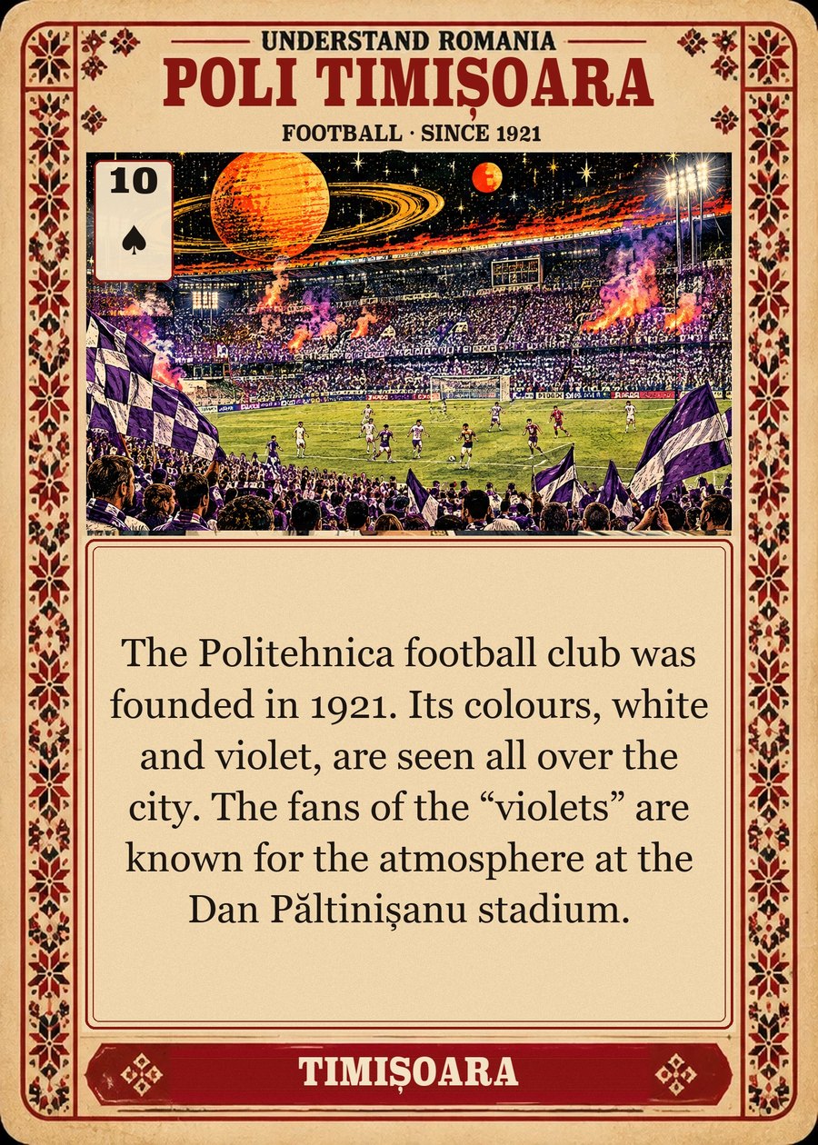 POLI TIMIȘOARA — football · since 1921. The Politehnica football club was founded in 1921. Its colours, white and violet, are seen all over the city. The fans of the “violets” are known for the atmosphere at the Dan Păltinișanu stadium.