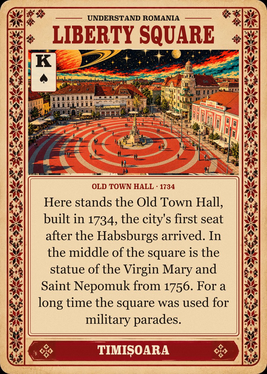 LIBERTY SQUARE — Old Town Hall · 1734. Here stands the Old Town Hall, built in 1734, the city's first seat after the Habsburgs arrived. In the middle of the square is the statue of the Virgin Mary and Saint Nepomuk from 1756. For a long time the square was used for military parades.