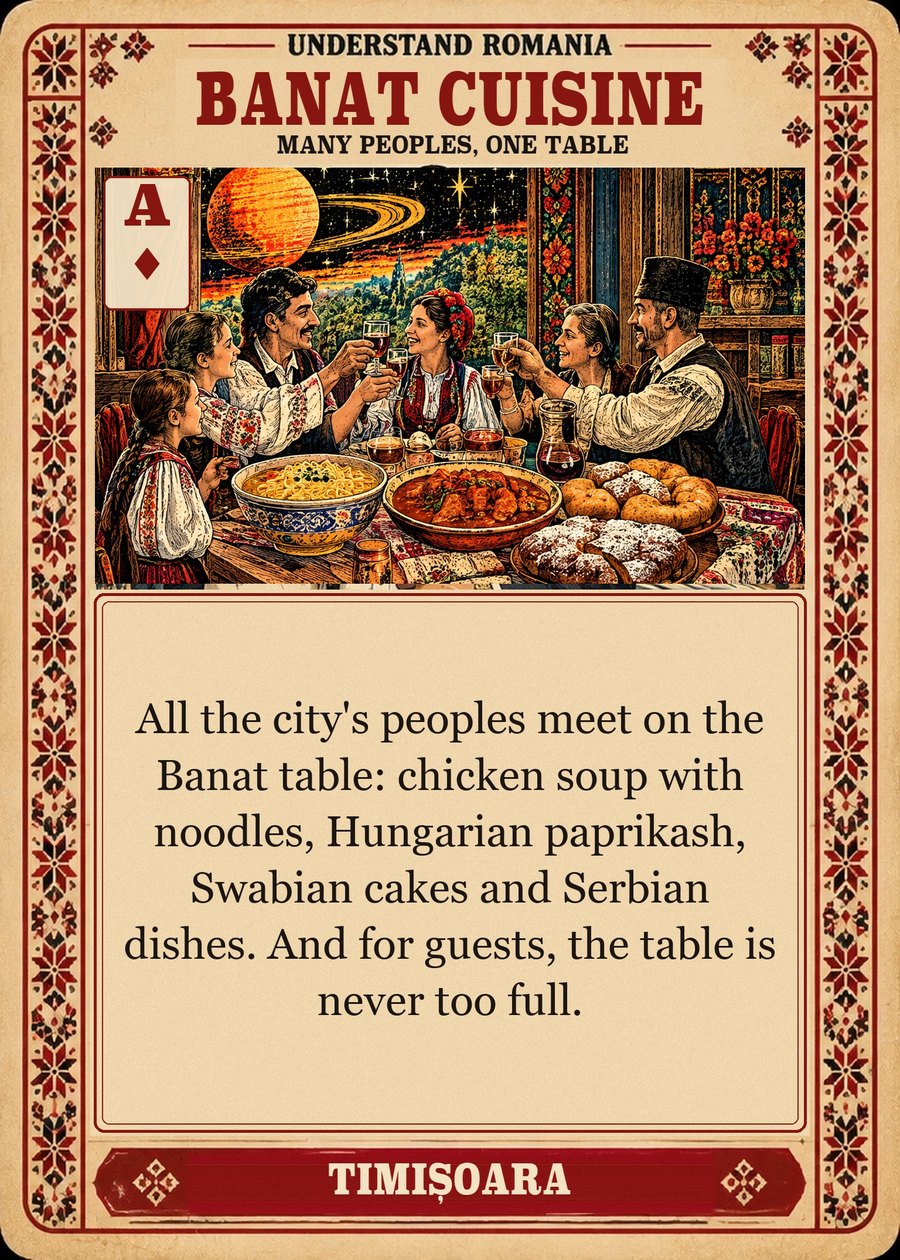 BANAT CUISINE — many peoples, one table. All the city's peoples meet on the Banat table: chicken soup with noodles, Hungarian paprikash, Swabian cakes and Serbian dishes. And for guests, the table is never too full.