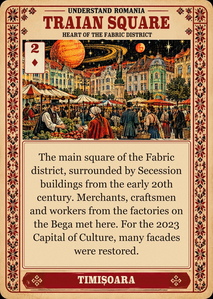 TRAIAN SQUARE — heart of the Fabric district. The main square of the Fabric district, surrounded by Secession buildings from the early 20th century. Merchants, craftsmen and workers from the factories on the Bega met here. For the 2023 Capital of Culture, many facades were restored.