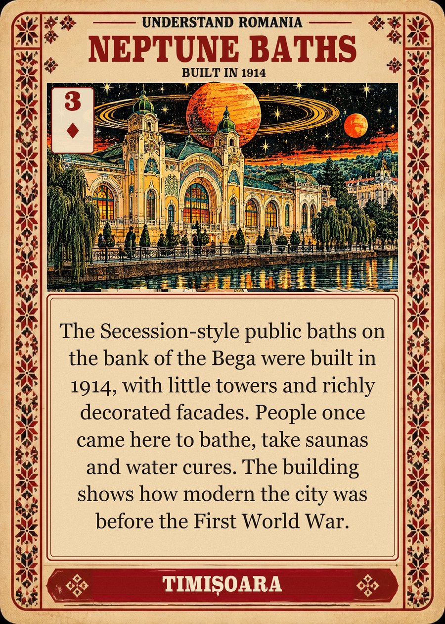 NEPTUNE BATHS — built in 1914. The Secession-style public baths on the bank of the Bega were built in 1914, with little towers and richly decorated facades. People once came here to bathe, take saunas and water cures. The building shows how modern the city was before the First World War.