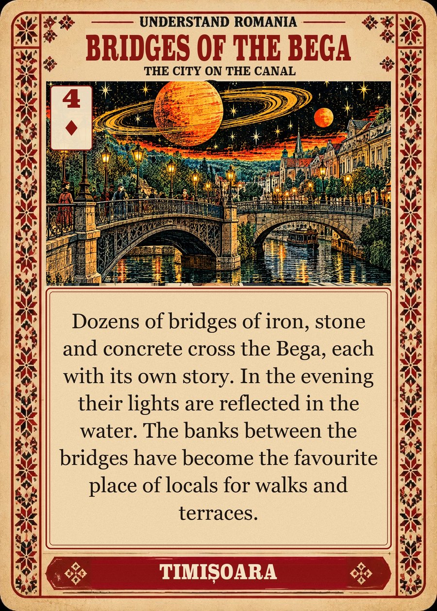 BRIDGES OF THE BEGA — the city on the canal. Dozens of bridges of iron, stone and concrete cross the Bega, each with its own story. In the evening their lights are reflected in the water. The banks between the bridges have become the favourite place of locals for walks and terraces.