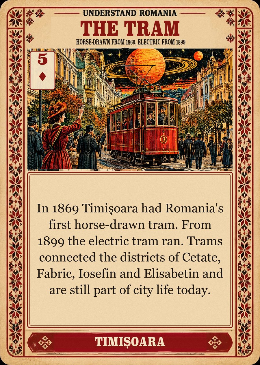 THE TRAM — horse-drawn from 1869, electric from 1899. In 1869 Timișoara had Romania's first horse-drawn tram. From 1899 the electric tram ran. Trams connected the districts of Cetate, Fabric, Iosefin and Elisabetin and are still part of city life today.