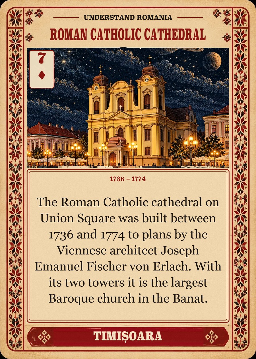 ROMAN CATHOLIC CATHEDRAL — 1736 – 1774. The Roman Catholic cathedral on Union Square was built between 1736 and 1774 to plans by the Viennese architect Joseph Emanuel Fischer von Erlach. With its two towers it is the largest Baroque church in the Banat.