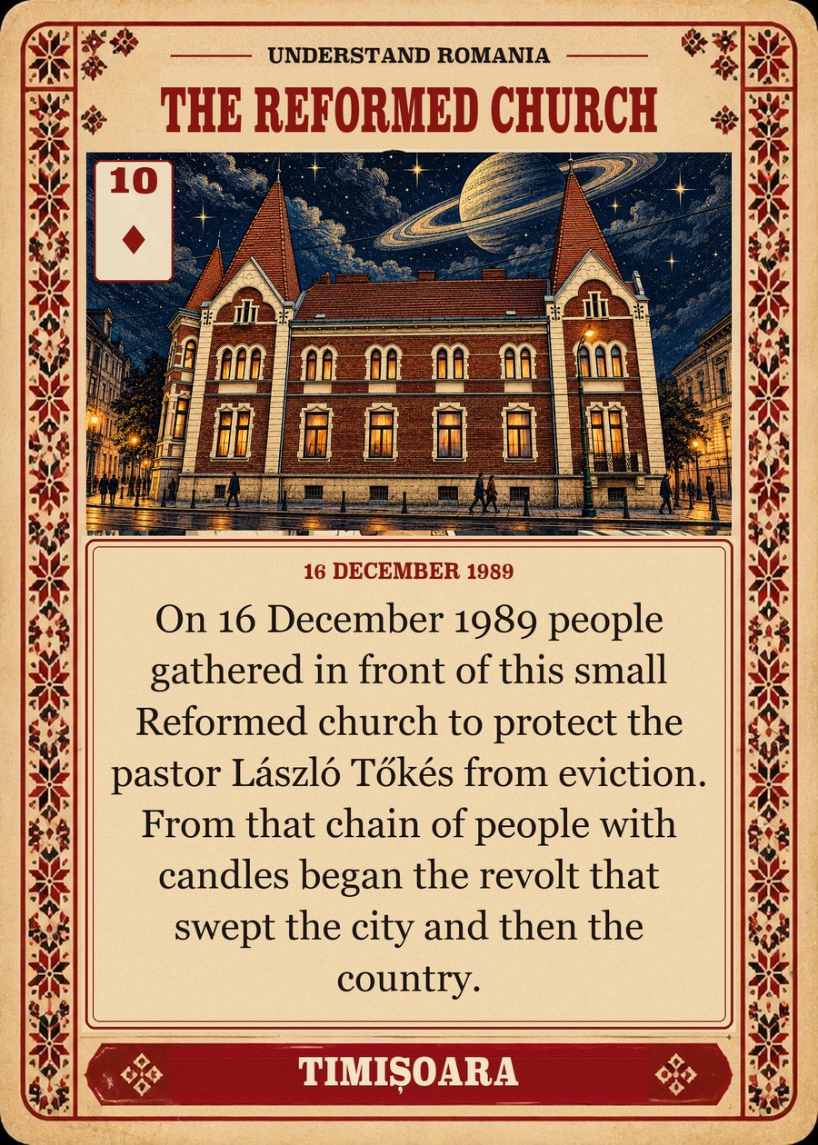 THE REFORMED CHURCH — 16 December 1989. On 16 December 1989 people gathered in front of this small Reformed church to protect the pastor László Tőkés from eviction. From that chain of people with candles began the revolt that swept the city and then the country.