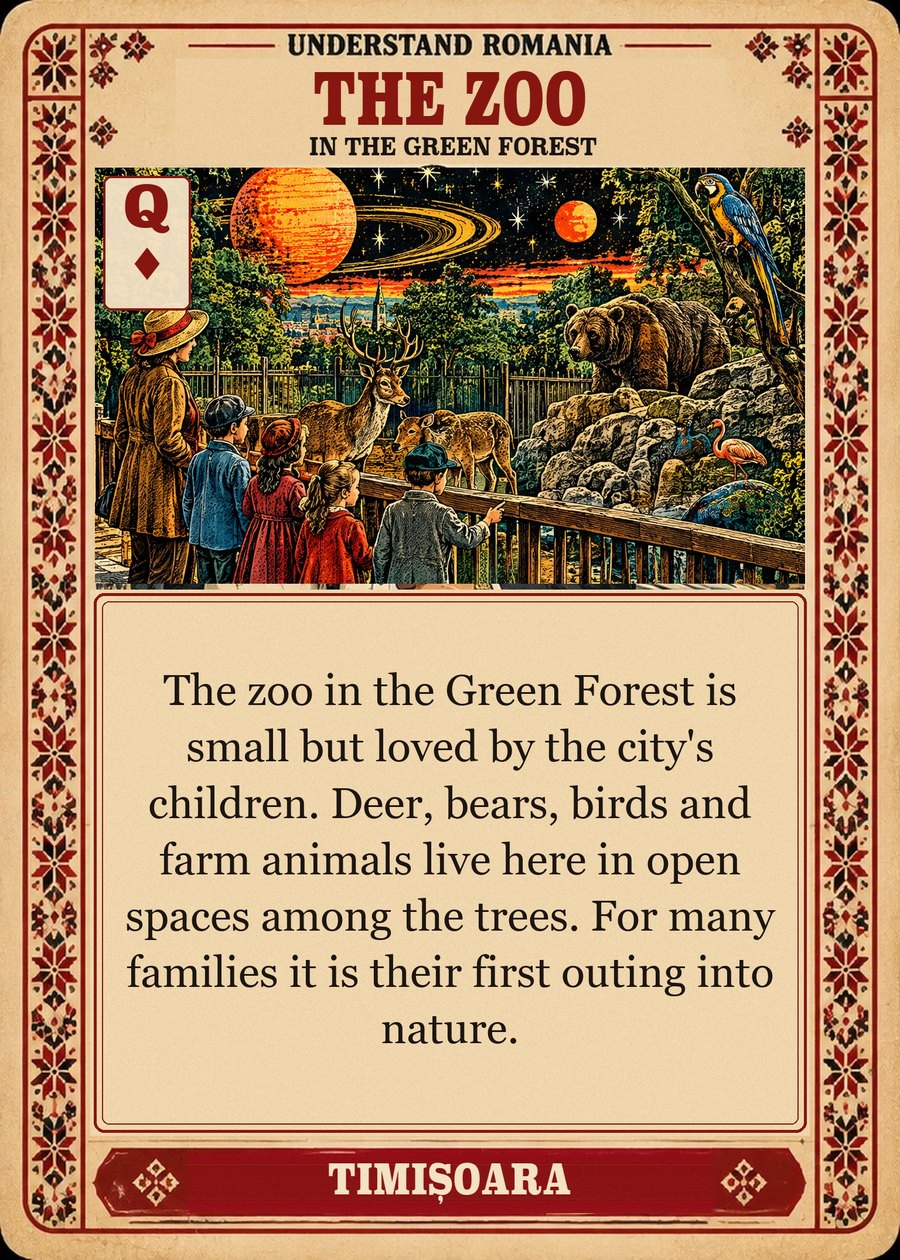 THE ZOO — in the Green Forest. The zoo in the Green Forest is small but loved by the city's children. Deer, bears, birds and farm animals live here in open spaces among the trees. For many families it is their first outing into nature.