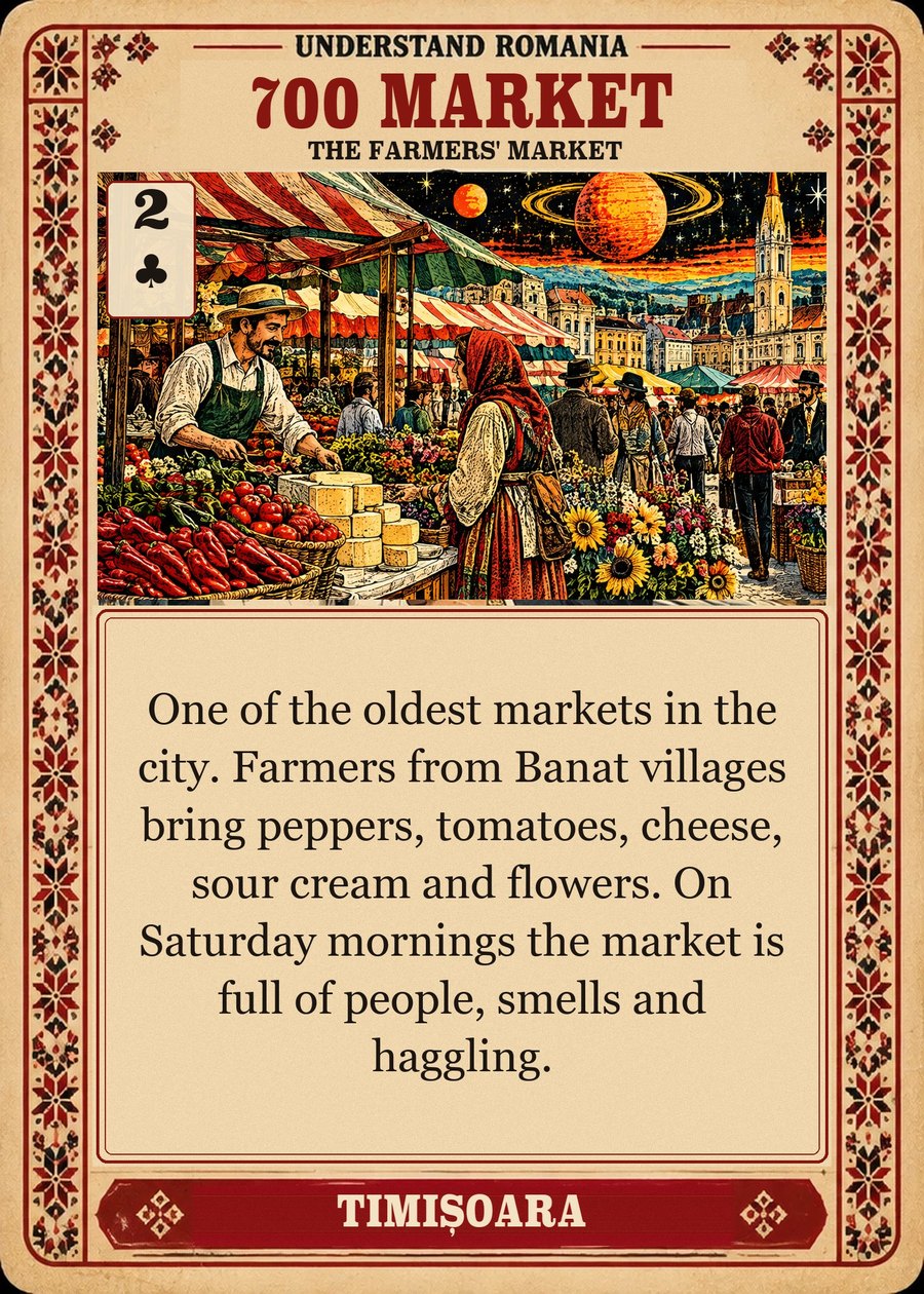 700 MARKET — the farmers' market. One of the oldest markets in the city. Farmers from Banat villages bring peppers, tomatoes, cheese, sour cream and flowers. On Saturday mornings the market is full of people, smells and haggling.