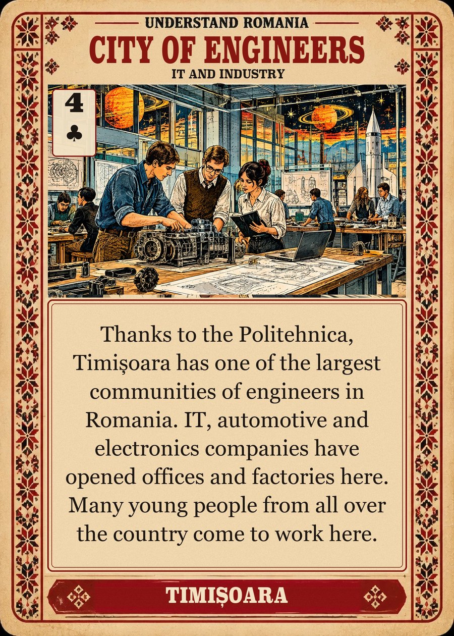 CITY OF ENGINEERS — IT and industry. Thanks to the Politehnica, Timișoara has one of the largest communities of engineers in Romania. IT, automotive and electronics companies have opened offices and factories here. Many young people from all over the country come to work here.