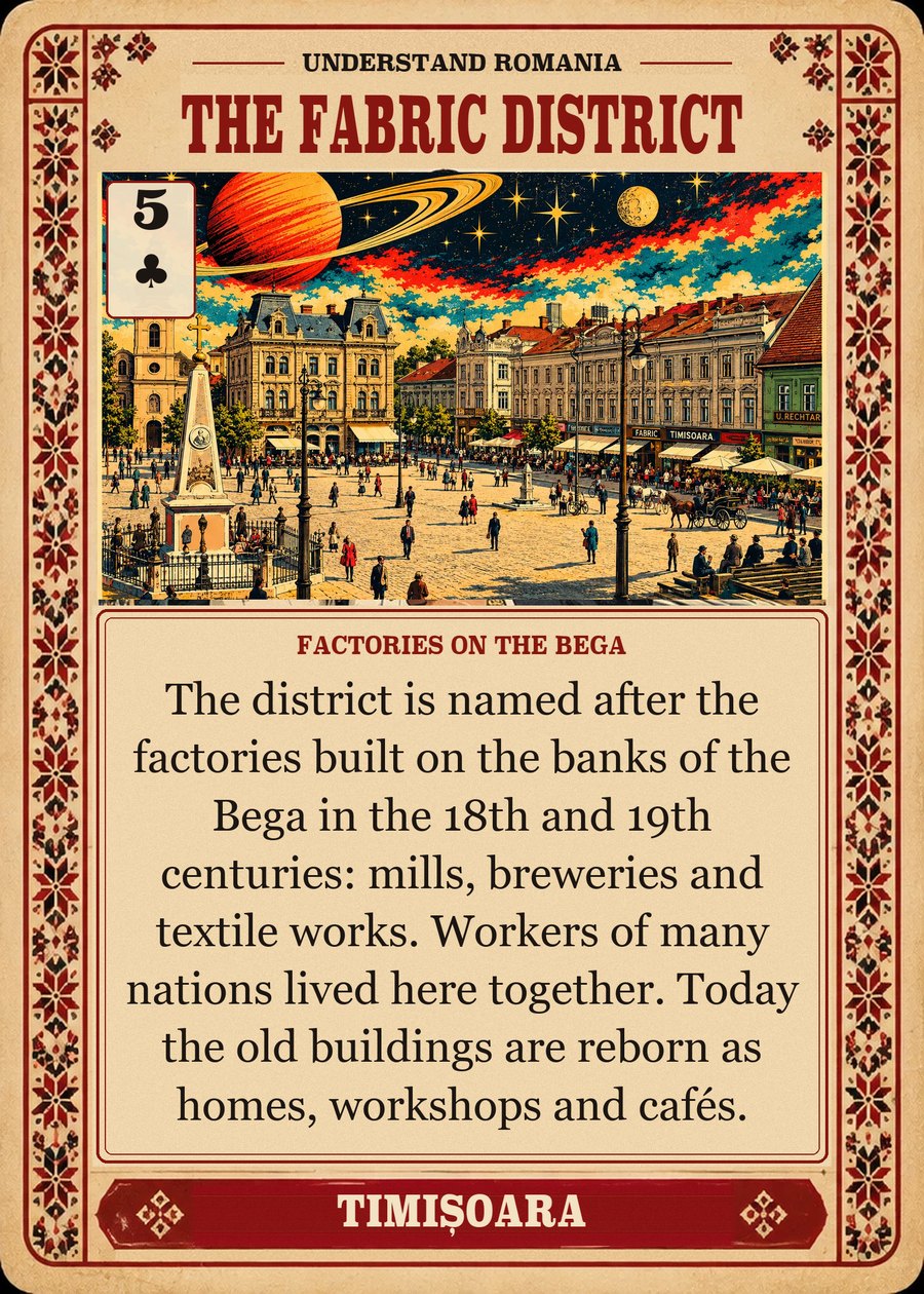THE FABRIC DISTRICT — factories on the Bega. The district is named after the factories built on the banks of the Bega in the 18th and 19th centuries: mills, breweries and textile works. Workers of many nations lived here together. Today the old buildings are reborn as homes, workshops and cafés.