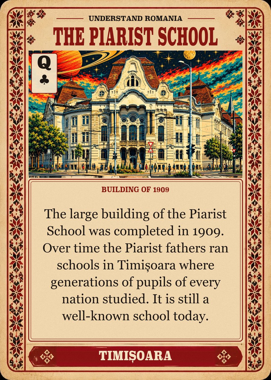 THE PIARIST SCHOOL — building of 1909. The large building of the Piarist School was completed in 1909. Over time the Piarist fathers ran schools in Timișoara where generations of pupils of every nation studied. It is still a well-known school today.