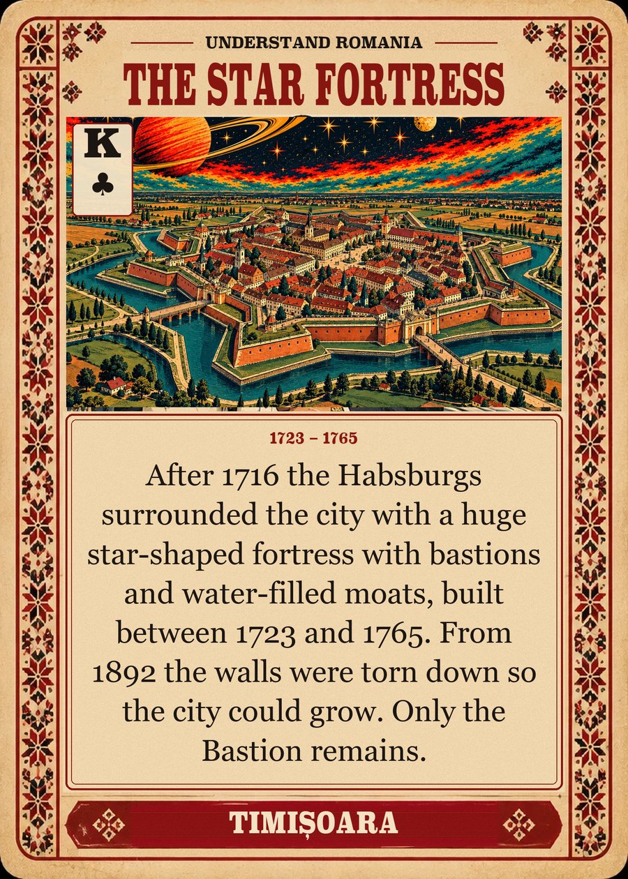 THE STAR FORTRESS — 1723 – 1765. After 1716 the Habsburgs surrounded the city with a huge star-shaped fortress with bastions and water-filled moats, built between 1723 and 1765. From 1892 the walls were torn down so the city could grow. Only the Bastion remains.