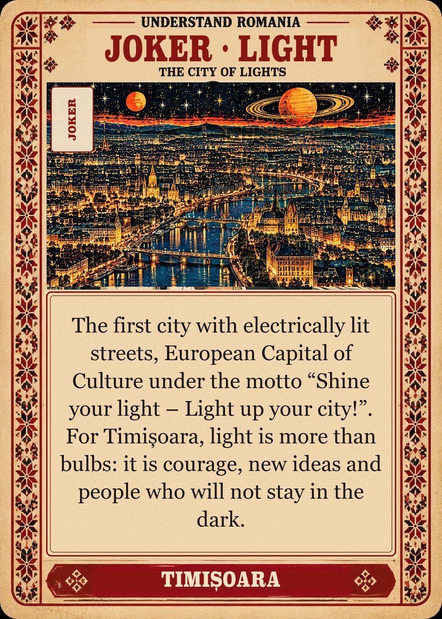 JOKER · LIGHT — the city of lights. The first city with electrically lit streets, European Capital of Culture under the motto “Shine your light – Light up your city!”. For Timișoara, light is more than bulbs: it is courage, new ideas and people who will not stay in the dark.