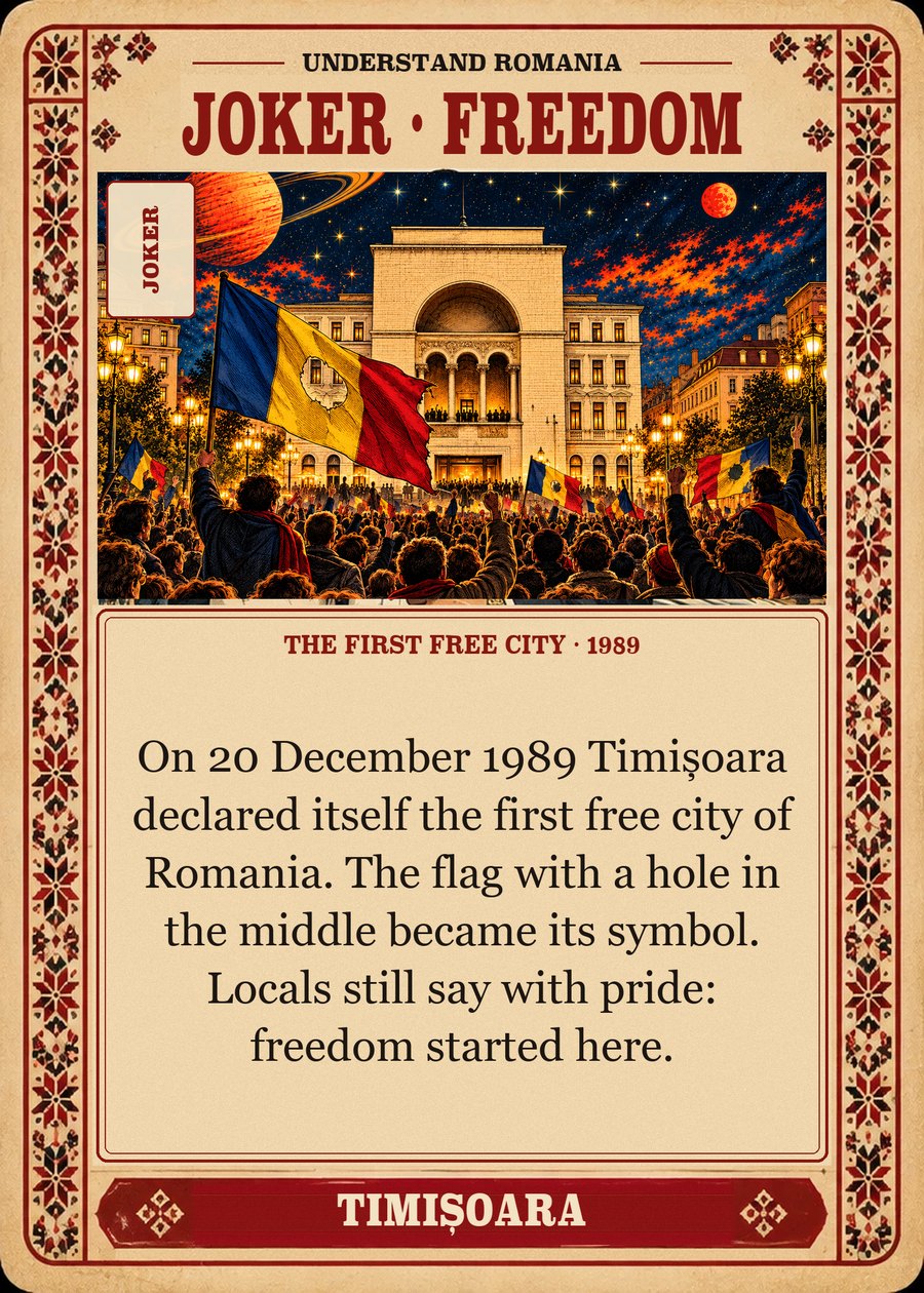 JOKER · FREEDOM — the first free city · 1989. On 20 December 1989 Timișoara declared itself the first free city of Romania. The flag with a hole in the middle became its symbol. Locals still say with pride: freedom started here.