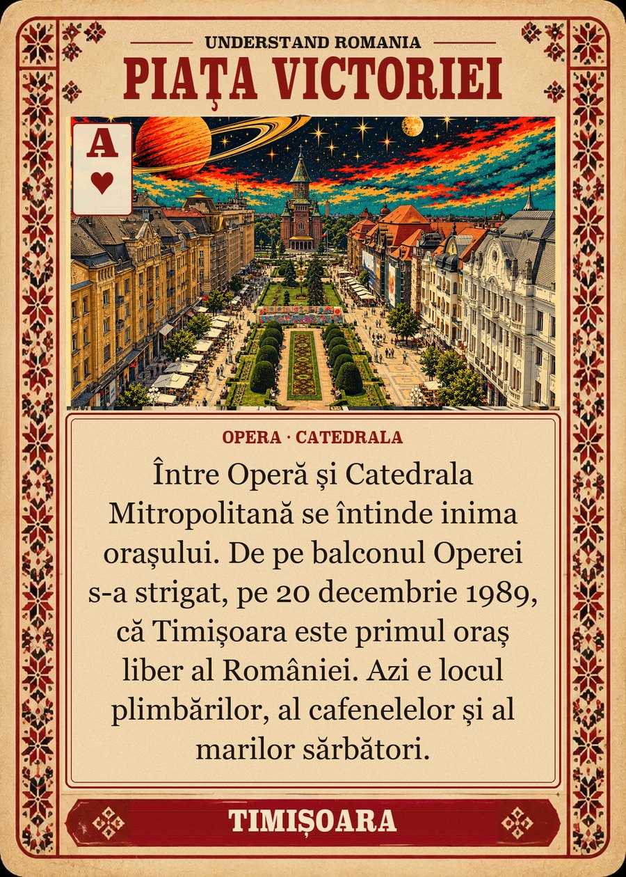PIAȚA VICTORIEI — Opera · Catedrala. Între Operă și Catedrala Mitropolitană se întinde inima orașului. De pe balconul Operei s-a strigat, pe 20 decembrie 1989, că Timișoara este primul oraș liber al României. Azi e locul plimbărilor, al cafenelelor și al marilor sărbători.