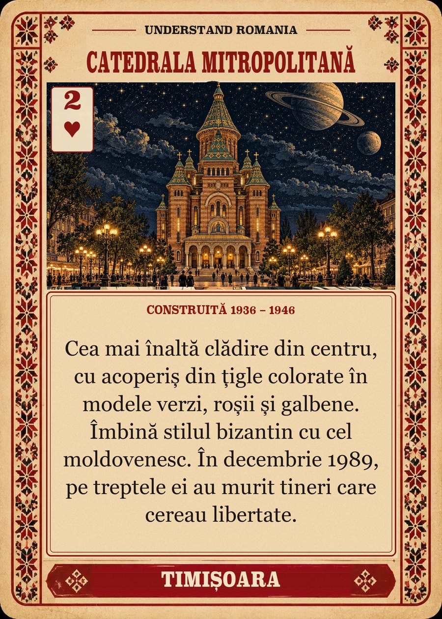 CATEDRALA MITROPOLITANĂ — construită 1936 – 1946. Cea mai înaltă clădire din centru, cu acoperiș din țigle colorate în modele verzi, roșii și galbene. Îmbină stilul bizantin cu cel moldovenesc. În decembrie 1989, pe treptele ei au murit tineri care cereau libertate.