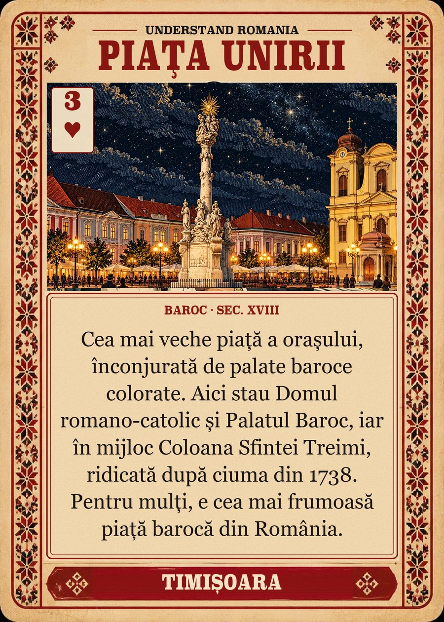 PIAȚA UNIRII — baroc · sec. XVIII. Cea mai veche piață a orașului, înconjurată de palate baroce colorate. Aici stau Domul romano-catolic și Palatul Baroc, iar în mijloc Coloana Sfintei Treimi, ridicată după ciuma din 1738. Pentru mulți, e cea mai frumoasă piață barocă din România.