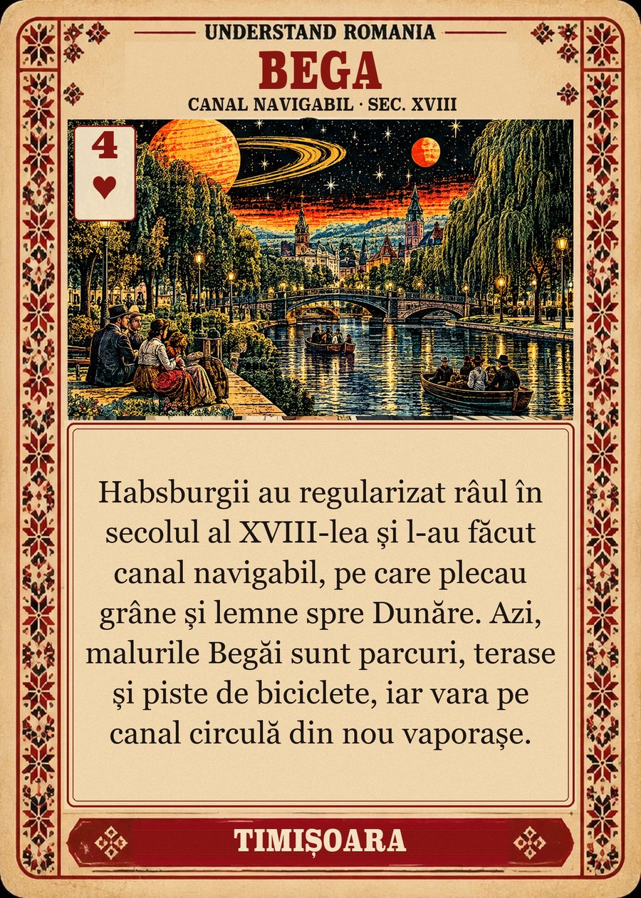 BEGA — canal navigabil · sec. XVIII. Habsburgii au regularizat râul în secolul al XVIII-lea și l-au făcut canal navigabil, pe care plecau grâne și lemne spre Dunăre. Azi, malurile Begăi sunt parcuri, terase și piste de biciclete, iar vara pe canal circulă din nou vaporașe.